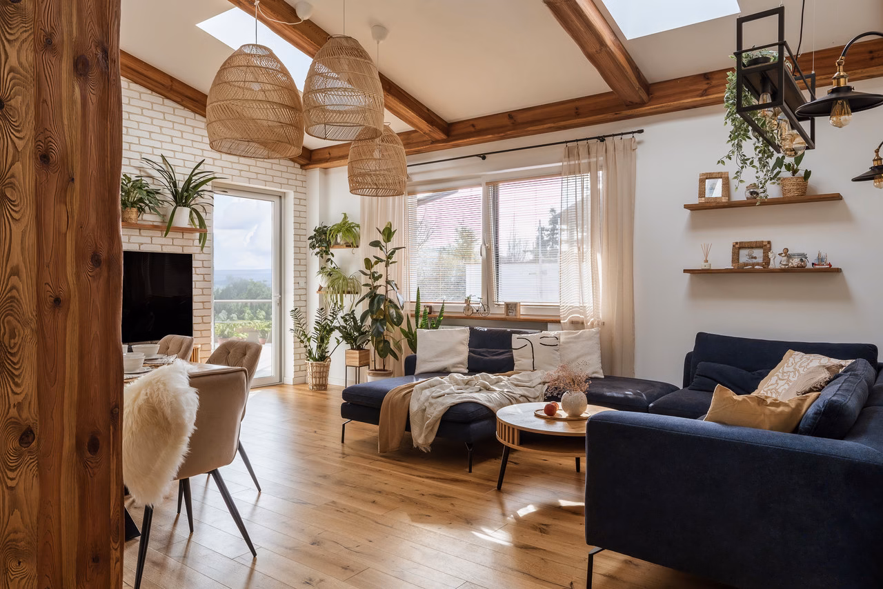 A living room with a navy blue sofa, wooden beams and plants