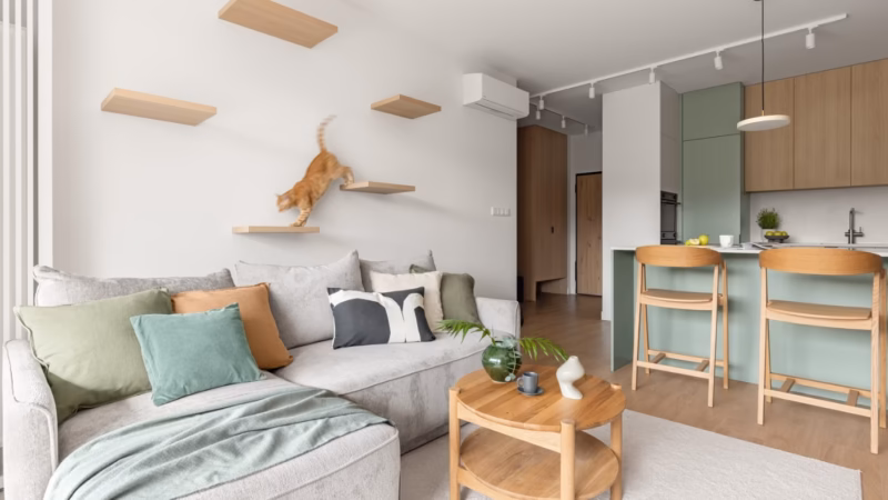 Living room with a light sofa, shelves for a cat and a sage-coloured kitchen.