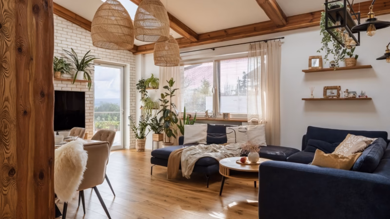 Living room with a navy corner sofa, wooden beams and plants.